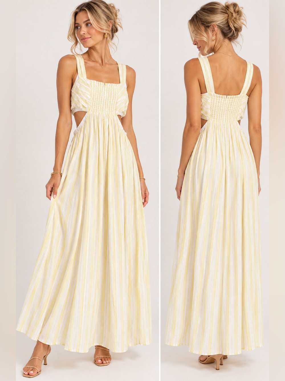 Altar’d State Harper Butter Yellow & White Striped Cutout Maxi Dress – Sz small
